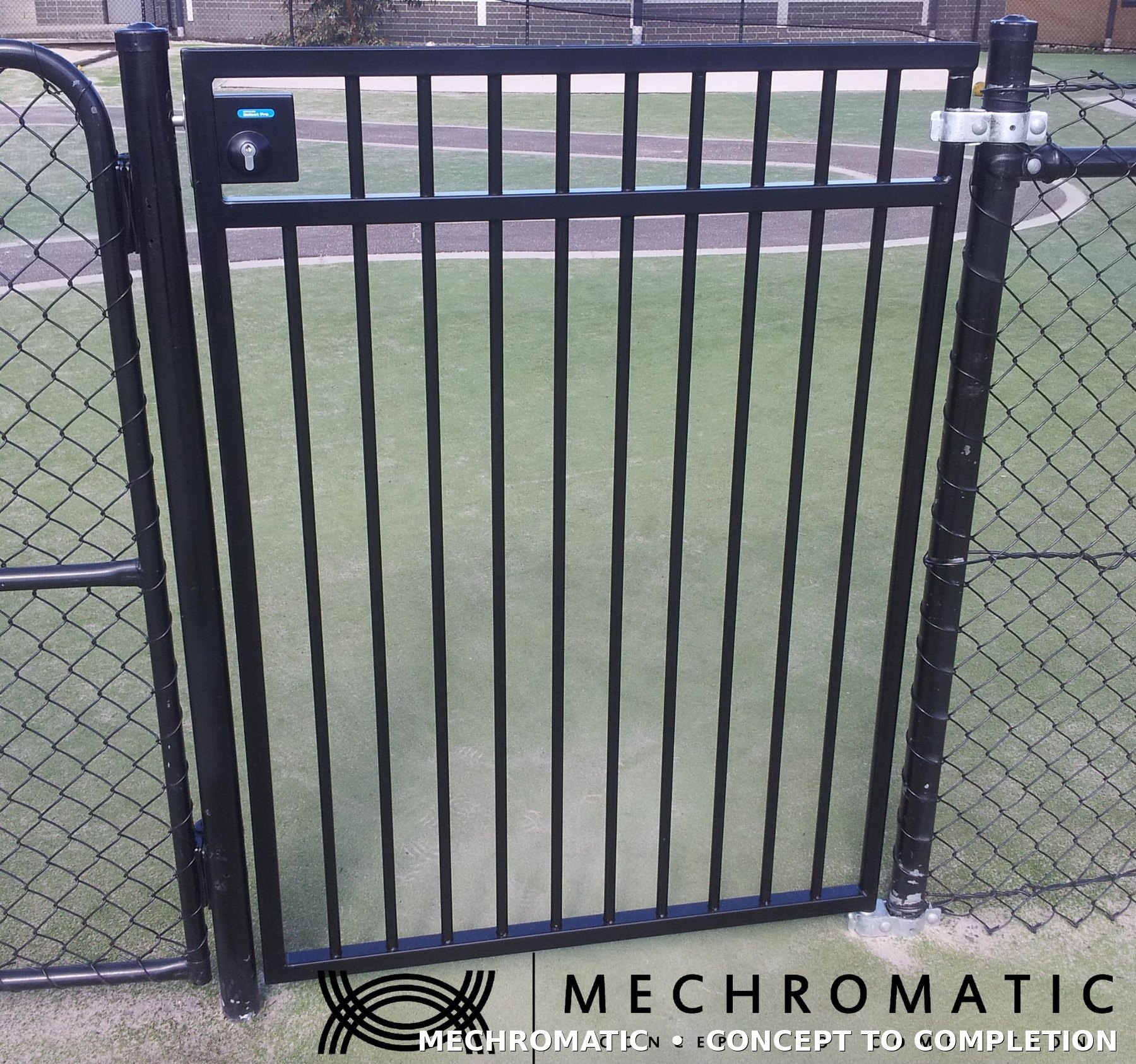 Custom school security gate design with adjustable hinges and manufacturing drawings